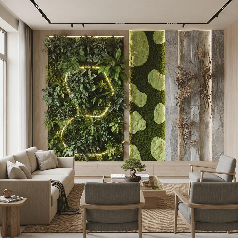 Акценты из зелени и камня делают пространство насыщеннее.