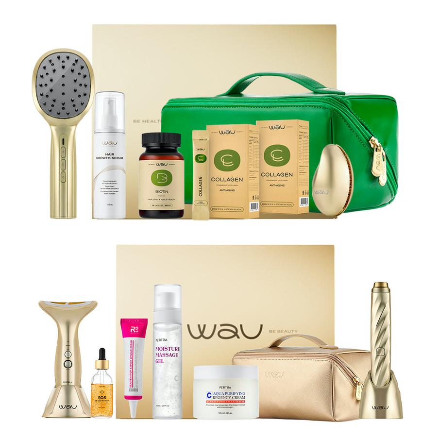 Наборы включают в себя продукты и гаджеты для красоты и здоровья кожи и волос.