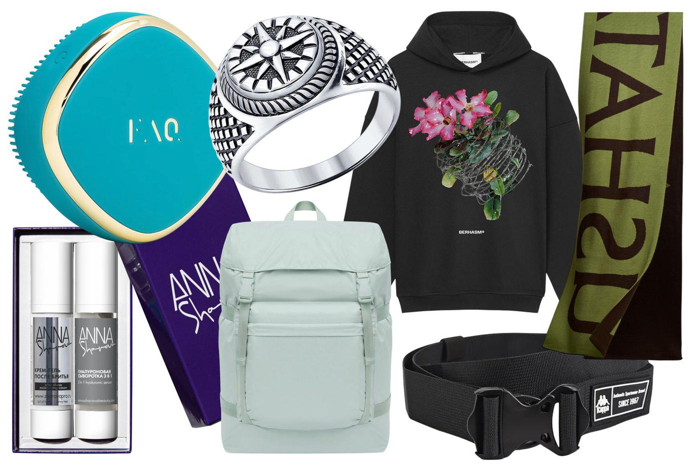 LED-массажёр для стимуляции роста волос FOREO faq 301 (24 449 ₽) / подарочный сет для мужчин Anna Sharova (2600 ₽) / кольцо из чернёного серебра Sokolov (3247 ₽) / рюкзак SHU (5190 ₽) / худи Berhasm (8900 ₽) / шарф из смесового мериноса Ushatava (13 900 ₽) / ремень Kappa (685 ₽)