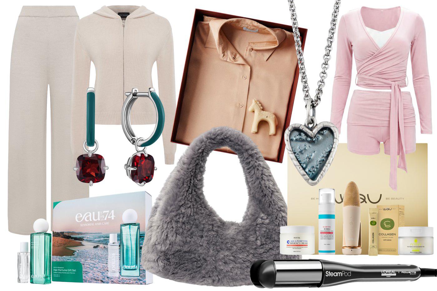 Костюм из шерсти мериноса You Wanna (20 900 ₽) / серьги из серебра с гранатом 1924 by "Бронницкий ювелир" (12 990 ₽) / парфюмерный набор для волос EAUde1974 Hamptons (9909 ₽) / рубашка из сатина Belle You (6999 ₽) / сумка из экомеха Only Me (6980 ₽) / колье Poison Drop Lab (10 900 ₽) / комплект для пилатеса Fitbomb (5480 ₽) / новогодний бокс для ухода за кожей WAU Base Care Box (18 490 ₽) / мультистайлер L’Oréal Professionnel Paris Steampod 4 Meteora (47 390 ₽)