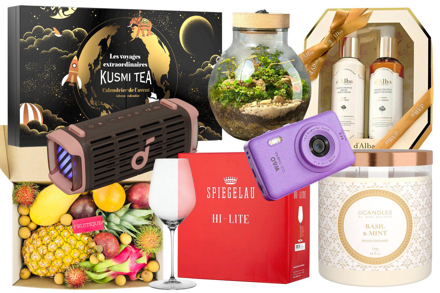 Адвент-календарь с коллекцией чая Kusmi Tea (8490 ₽) / портативная колонка Soundcore Boom 3i (9999 ₽) / набор экзотических фруктов Fruitique (5390 ₽) / флорариум Neo Pure (4690 ₽) / набор из двух бокалов Spiegelau Hi-Lite (6580 ₽) / подарочный набор для тела d'Alba Vegan Body Set (3654 ₽) / цифровой фотоаппарат W&O (1543 ₽) / свеча ароматическая UCANDLES Basil & Mint (3490 ₽)