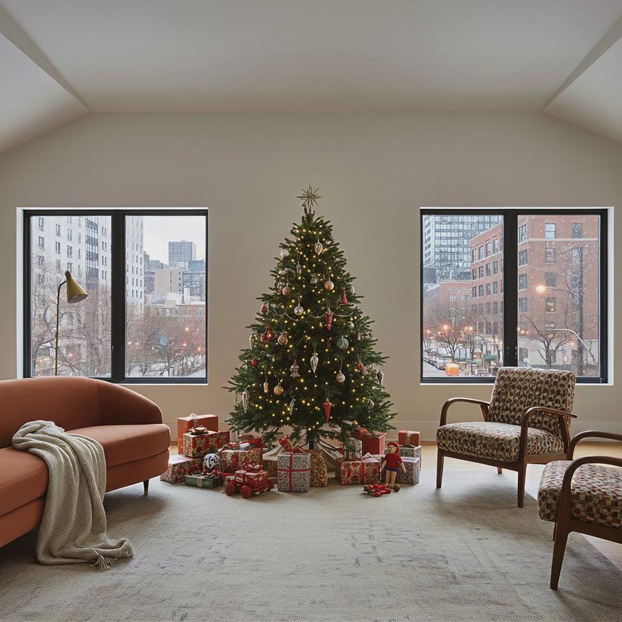 Ёлка с интерьере с элементами ретро.