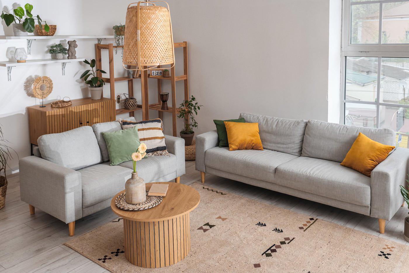 Палитра экоинтерьера не ограничивается бежево-зелёной гаммой.