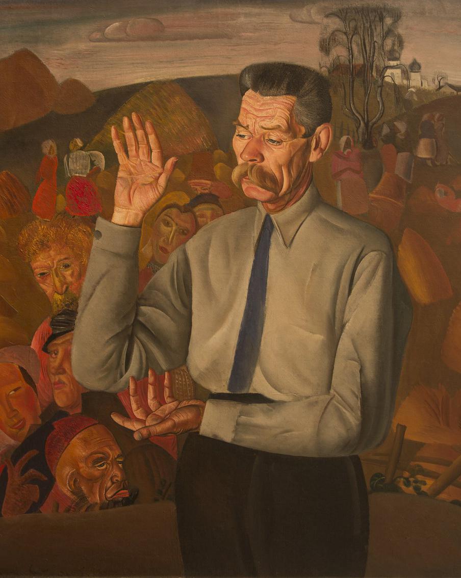 С 1911 года выпускник Строгановки, живописец и график Борис Григорьев стал одним из самых престижных портретистов России. Своей лучшей работой он считал этот необычный по замыслу портрет Максима Горького. Григорьев изобразил Горького как проповедующего Будду: известно, что писатель коллекционировал буддийское искусство, его другом был известный буддолог Сергей Ольденбург. Этот образ нравился и самому Горькому. 