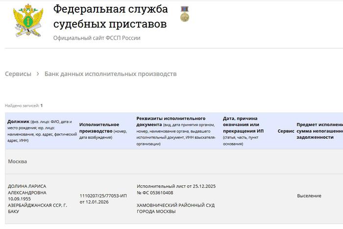 Сообщение об открытии производства на сайте Федеральной службы судебных приставов.