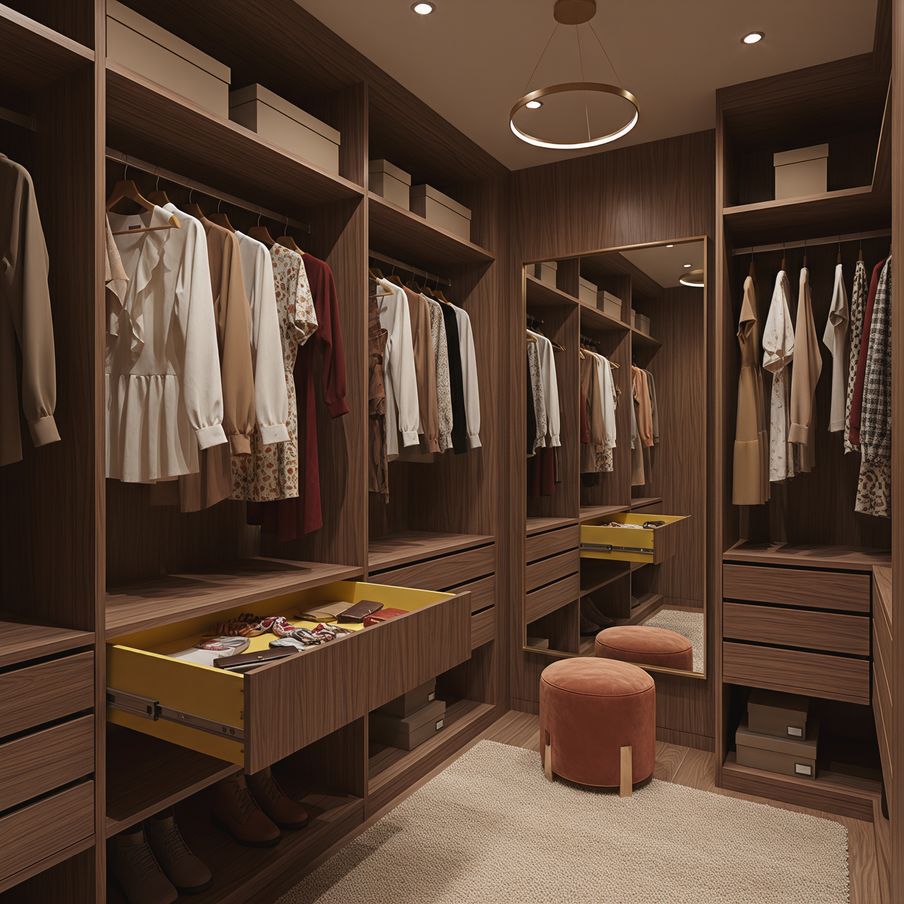 Приём эффективен в зонах высокой функциональной активности – кухнях, гардеробных, ванных.