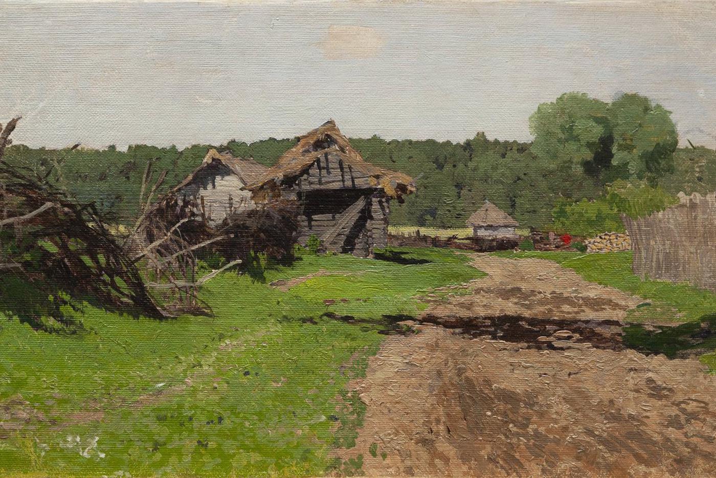 И. И. Левитан. Въезд в деревню. 1884. Собрание Музея-заповедника В. Д. Поленова.

Один из летних этюдов, написанных в Саввинской слободе под Звенигородом. Деревенские избы и сараи с соломенными крышами, просёлочные дороги, изгороди, дрова и поленницы, въезды в деревню, околицы, написанные в разное время года и разную погоду, станут любимыми мотивами, к которым художник будет не раз возвращаться на протяжении всей жизни.