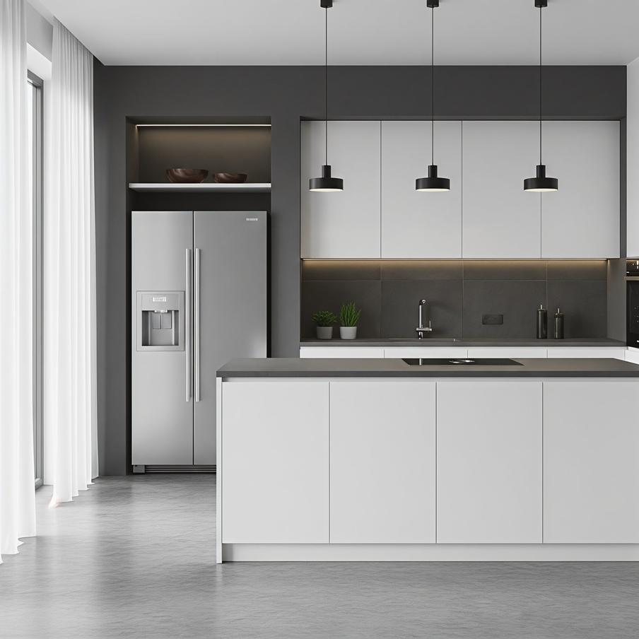 Утопленная в нишу кухня и холодильник.