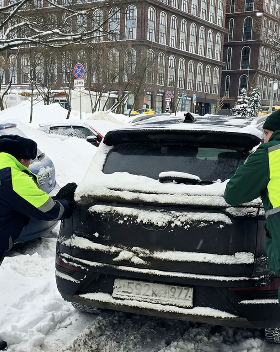 Инспекторы МАДИ вместе с работниками службы эвакуации "Московского паркинга" помогают водителям в снегопады