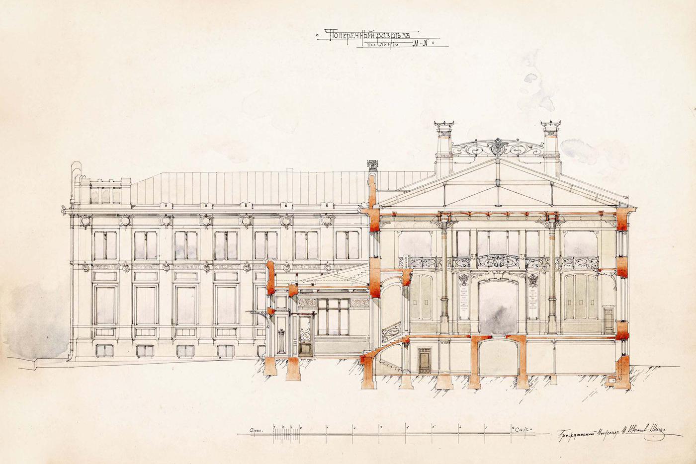И. А. Иванов-Шиц. Разрез здания Московской государственной сберегательной кассы в Рахмановском переулке в Москве. 1902 г.