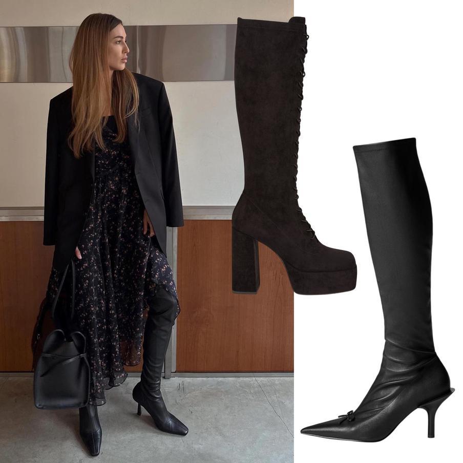 Сапоги замшевые Ekonika (28 990 ₽) / сапоги кожаные Ushatava (59 900 ₽)