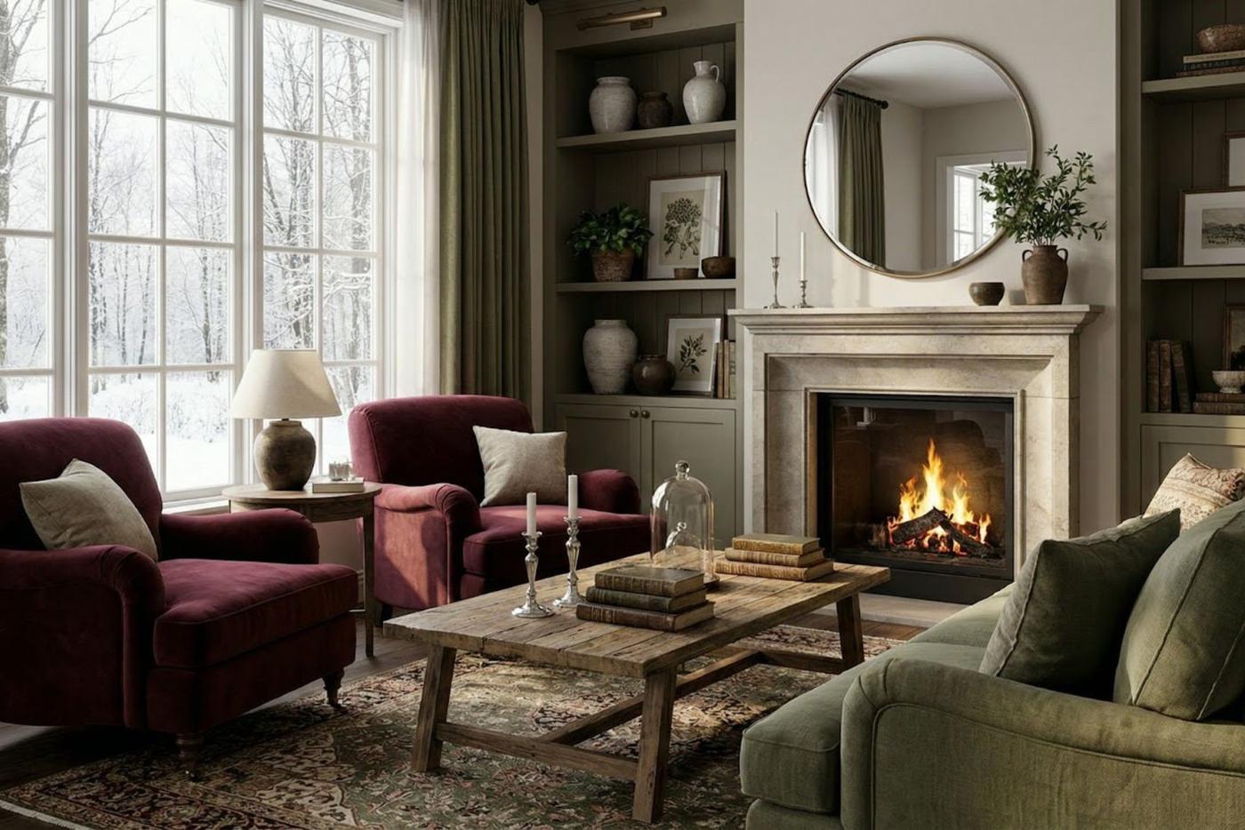 Бургунди + приглушённый зелёный.