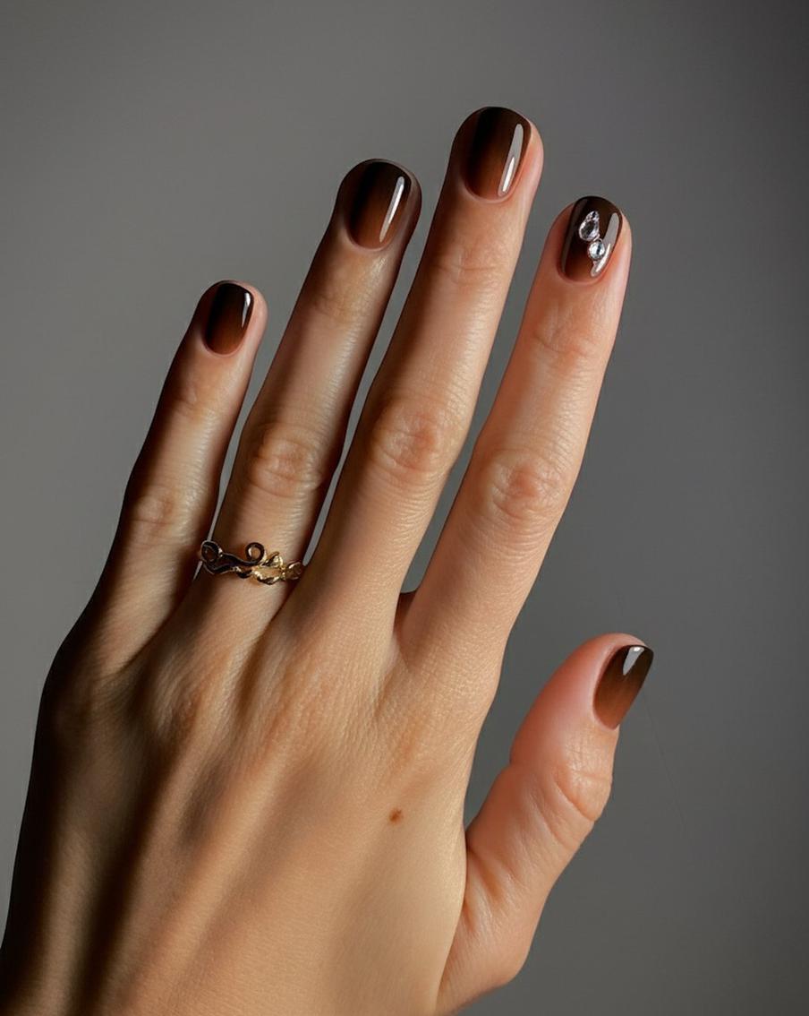 Омбре в коричневых оттенках с акцентной деталью.