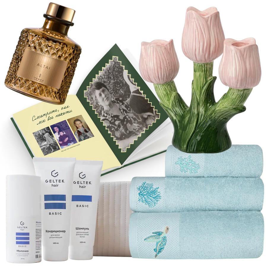 Ароматический диффузор в хрустале TONKA Altai (12 000 ₽) / минибук с фото для бабушки "Периодика" (2490 ₽) / набор средств для волос Geltek hair "Базовый уход" (2748 ₽) / комплект полотенец Bellehome (4080 ₽)