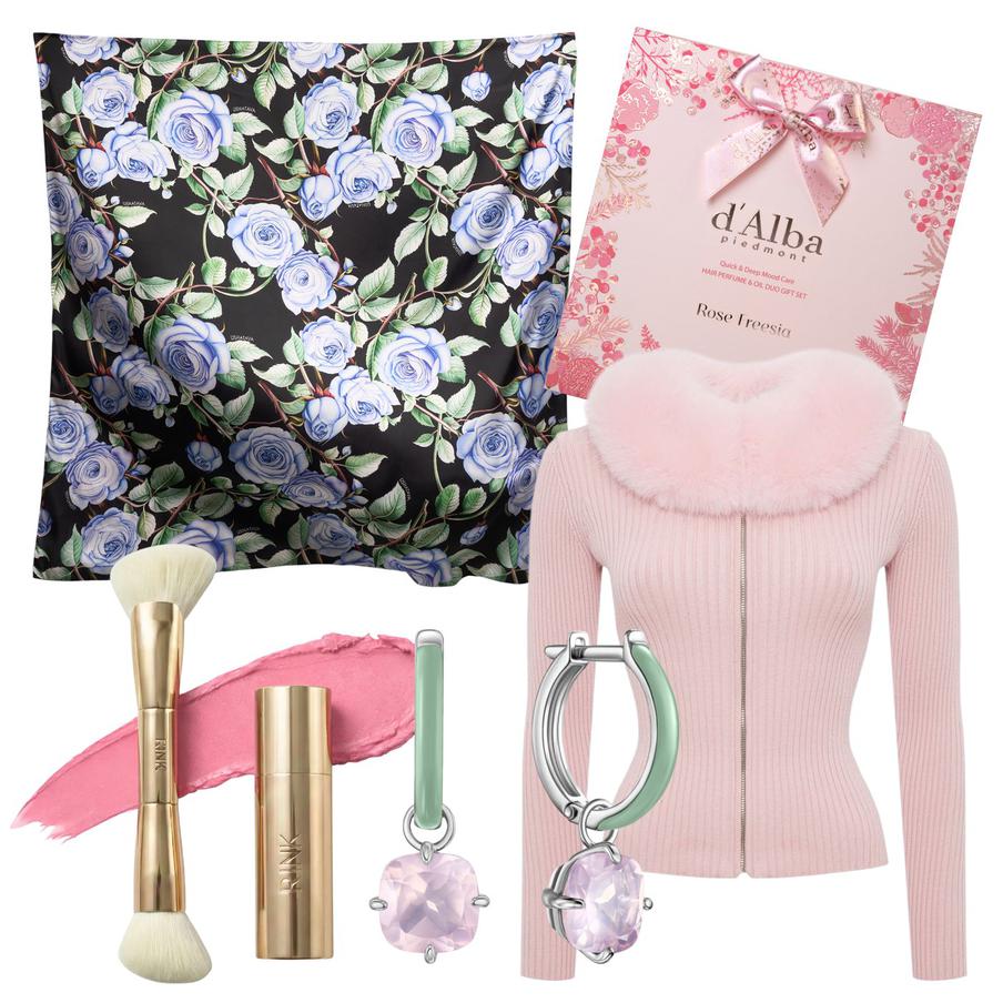 Двусторонний платок Ushatava (14 900 ₽) / набор средств для волос d'Alba Hair Perfume & Oil Duo Gift Set (3652 ₽) / кардиган You Wanna (16 950 ₽) / серьги из серебра с кварцем "Бронницкий Ювелир" (12 990 ₽) / набор RINK (кремовые румяна в оттенке Lychee и двусторонняя кисть) (6540 ₽)