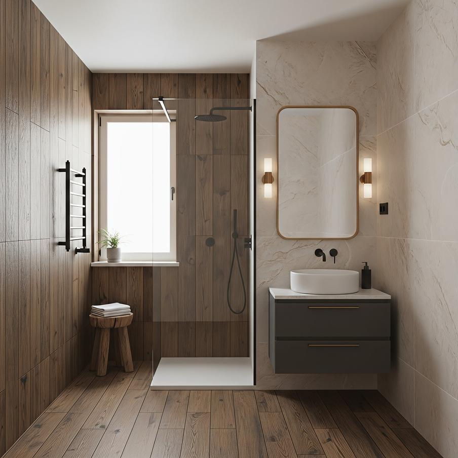 Санузел с натуральонй текстурой дерева.