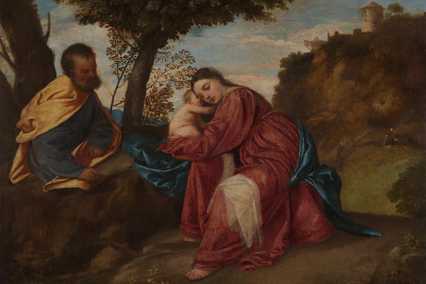 Картина Тициана "Отдых на пути в Египет" была найдена в пластиковом пакете на автобусной остановке в Лондоне в 2002 году после кражи из поместья Лонглит-хаус в 1995 году.