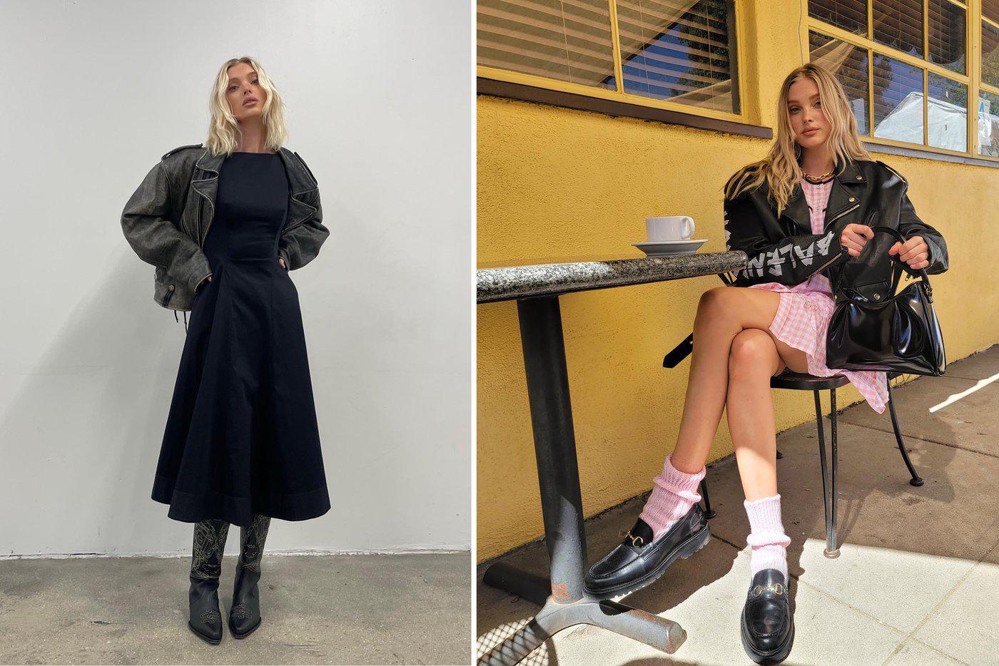 Несмотря на свою внешнюю агрессивность, косуха отлично сочетается с нежными женственными вещами.