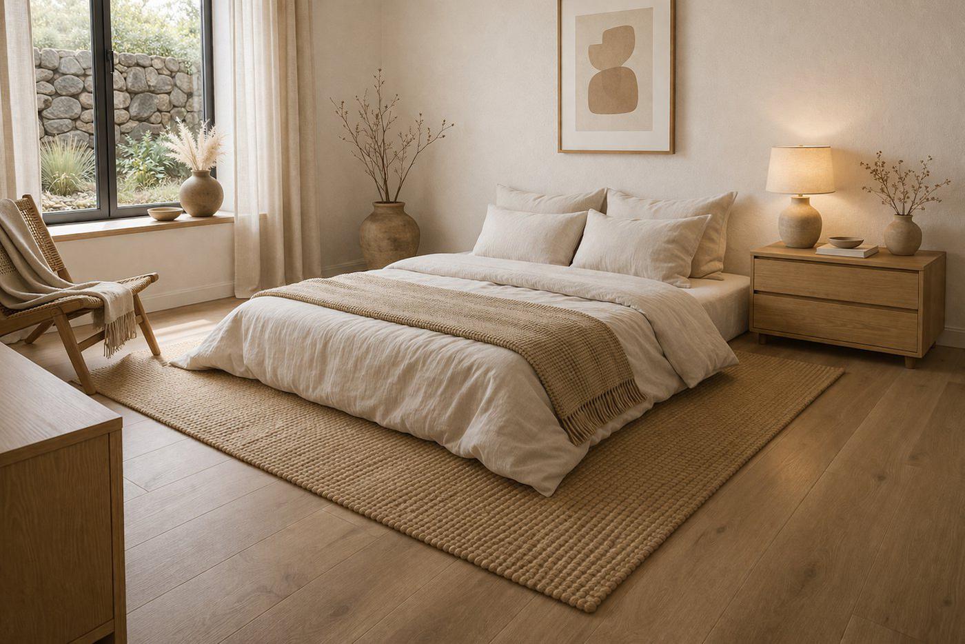 Спальня с низкой кроватью.