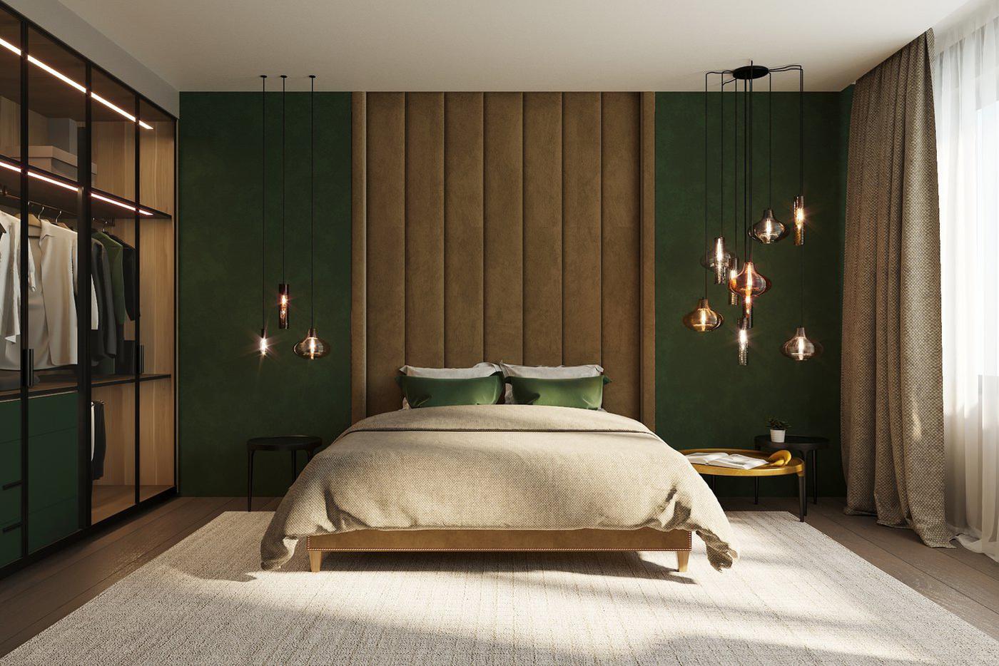 Кровать с изголовьем до потолка.