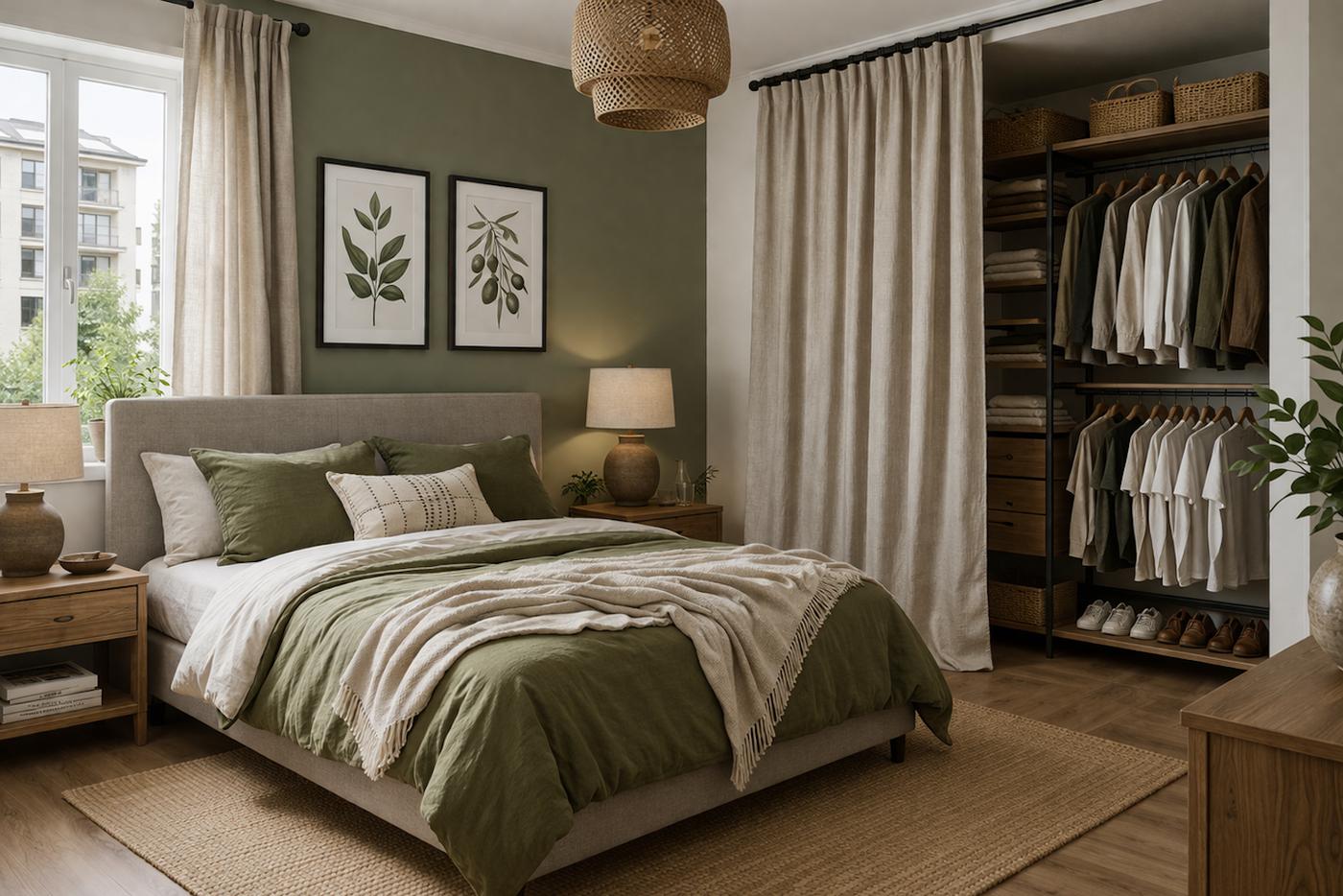 Спальня с открытым гардеробом.