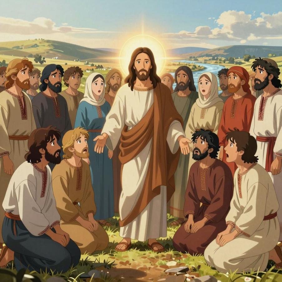 Сюжет явления Христа народу в стиле аниме отрисован ИИ без лишней шаржировки.