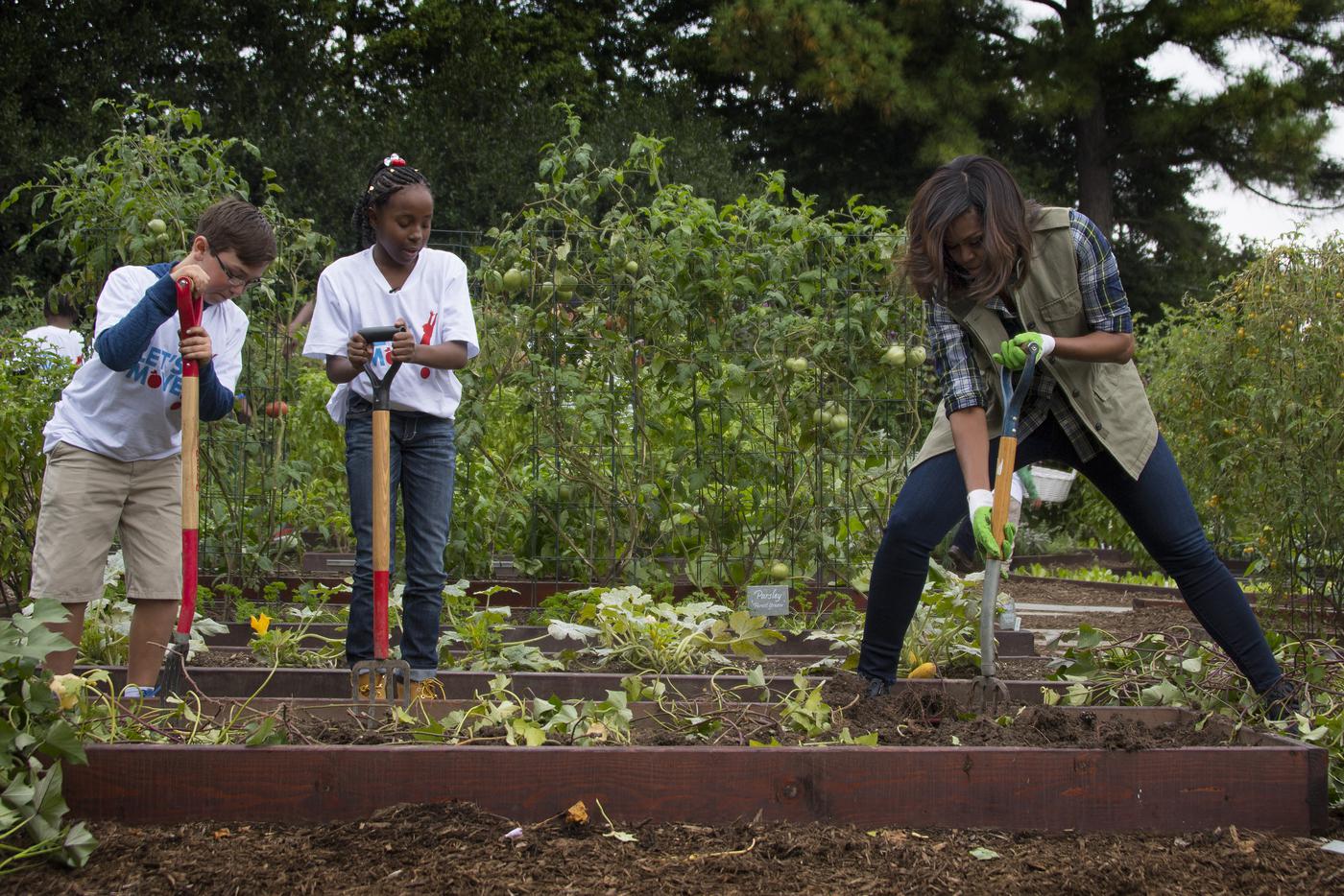 Мишель Обама недалеко от Белого дома окучивает грядки, а молодёжь наблюдает и учится.