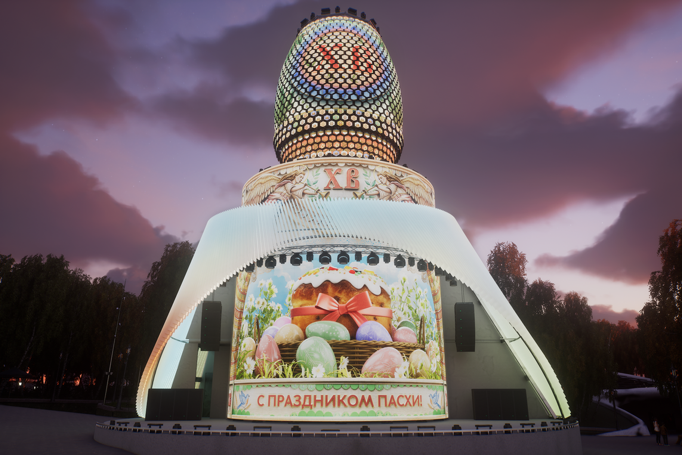 Гостей парка "Зарядье" приглашают посмотреть пасхальный тематический сюжет на достопримечательности "Матрёшка Москвы"