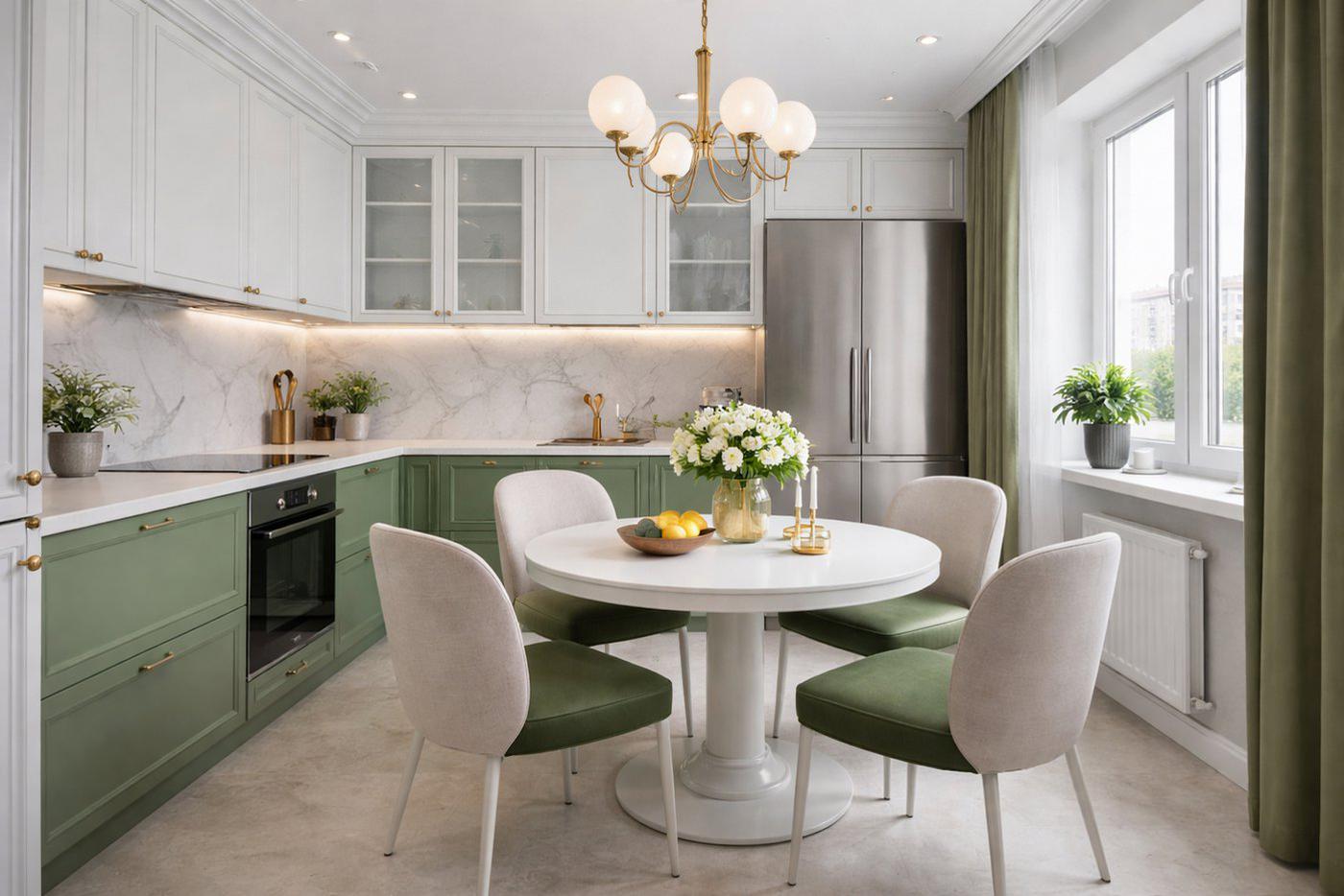 Круглый стол – один из самых удачных вариантов для небольшой кухни.