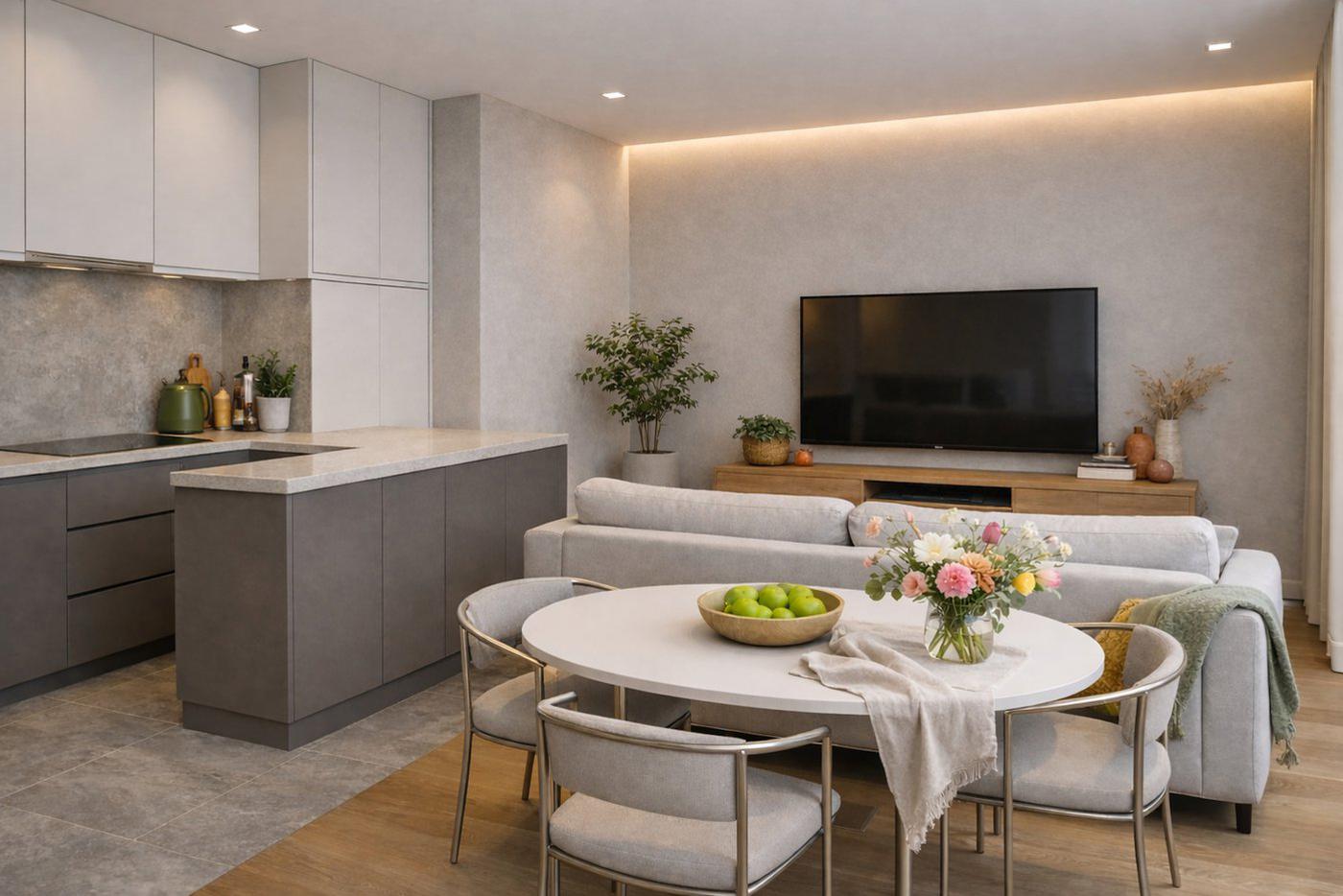 Выбирайте фасады без ручек и сохраняйте единство палитры.