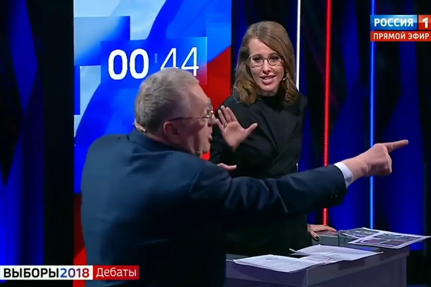 Ксения Собчак и Владимир Жириновский на теледебатах в 2018 году.