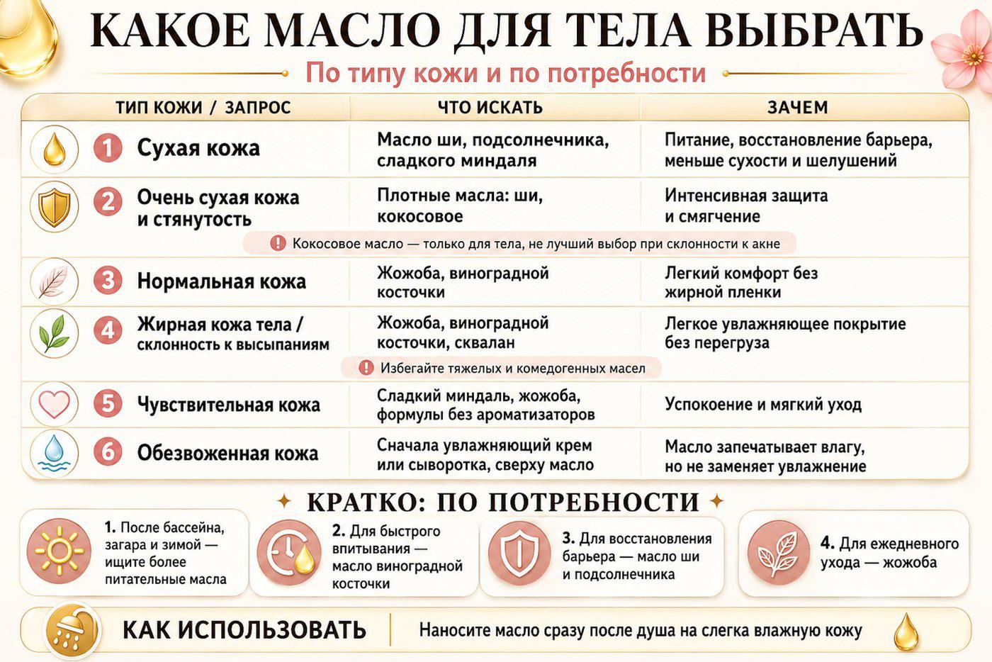 Выбирайте масло по типу кожи и её потребности.