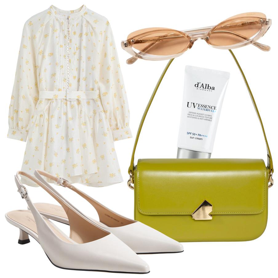 Платье 2Mood (16 980 ₽) / туфли Tendance (11 090 ₽) / сумка Le Vertige (8900 ₽) / очки Eigengrau (29 250 ₽) / ультралёгкий солнцезащитный крем для лица d'Alba Waterfull Essence Sun Сream SPF50+ PA++++ (1761 ₽)