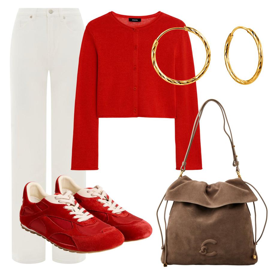 Джинсы You Wanna (13 950 ₽) / кардиган изо льна и хлопка 2Mood (15 980 ₽) / кроссовки Tendance (8540 ₽) / сумка Coccinelle (32 130 ₽) / серьги конго из жёлтого золота "Бронницкий Ювелир" (16 494 ₽)