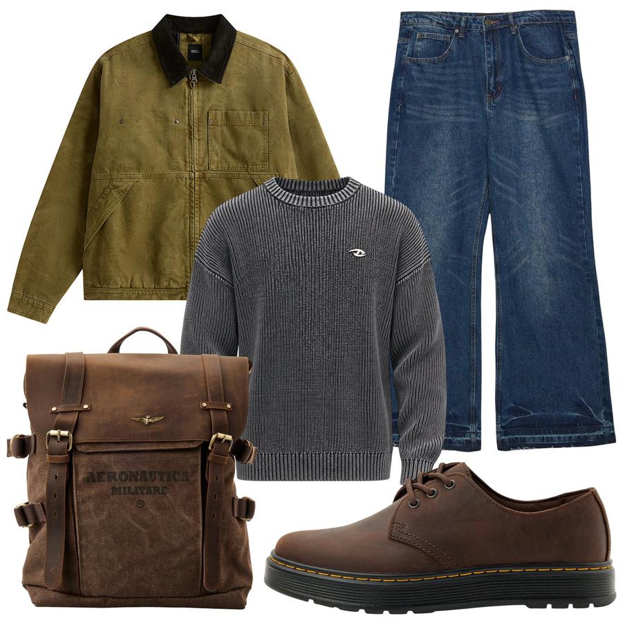 Куртка Vans (11 399 ₽) / джинсы клёш Befree (4599 ₽) / джемпер Pancake (2999 ₽) / рюкзак Aeronautica Militare (11 141 ₽) / ботинки Dr. Martens (17 595 ₽)