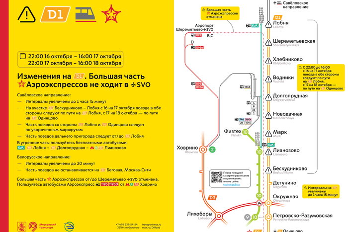В Дептрансе Москвы рассказали про изменение движения на МЦД-1 с 22:00 16 октября по 16:00 18 октября
