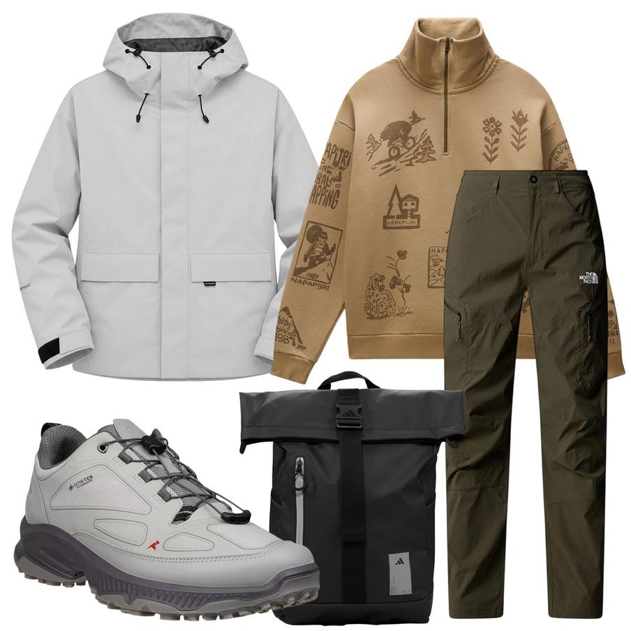 Водостойкая куртка Krakatau (23 990 ₽) / толстовка Napapijri (15 999 ₽) / брюки The North Face (11 299 ₽) / рюкзак Adidas (6299 ₽) / кроссовки ECCO Receptor с мембаной Gore-Tex (11 720 ₽)